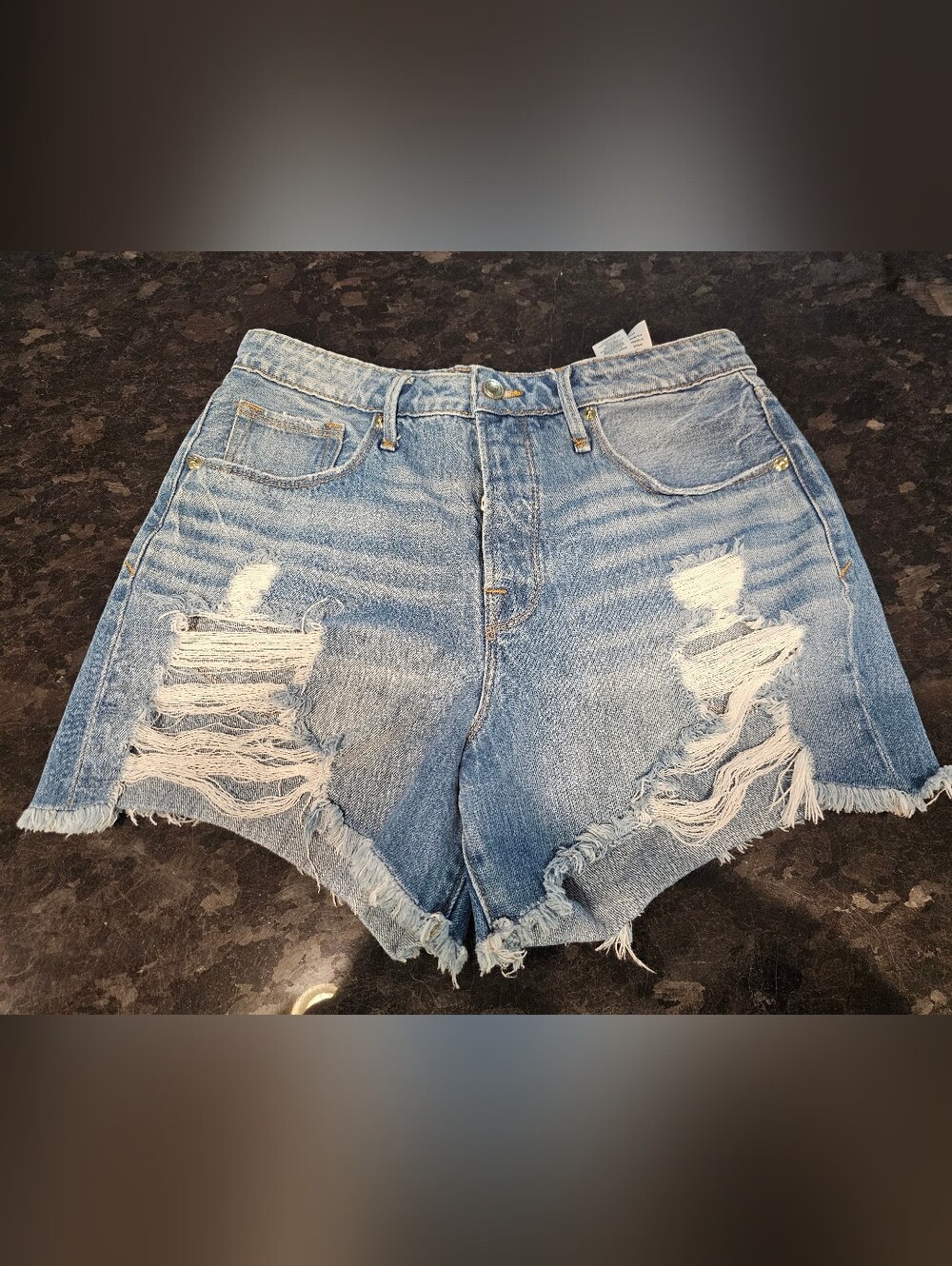 Good American Bombshell Distressed Button Fly Raw Hem Denim Shorts